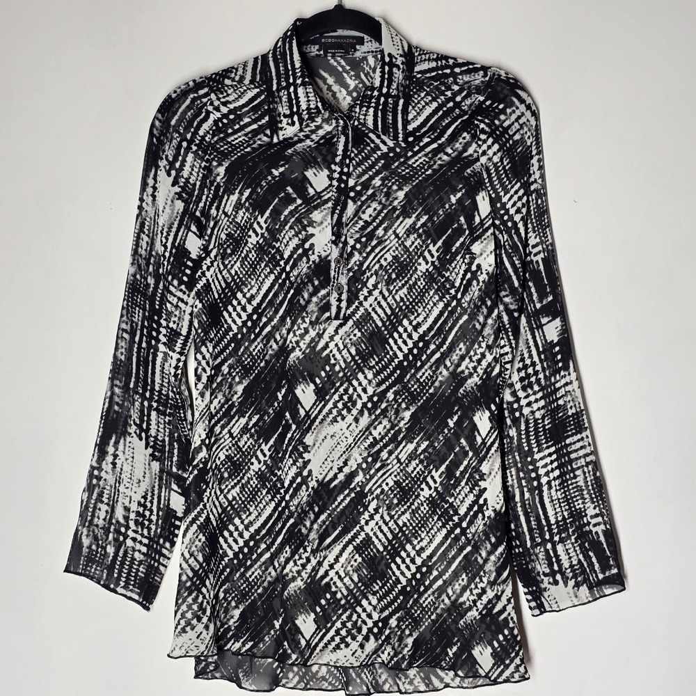 BCBG Max Azria Romantic Sheer Chiffon Button Blouse Flowy‎ Lettuce Hem M Y2K